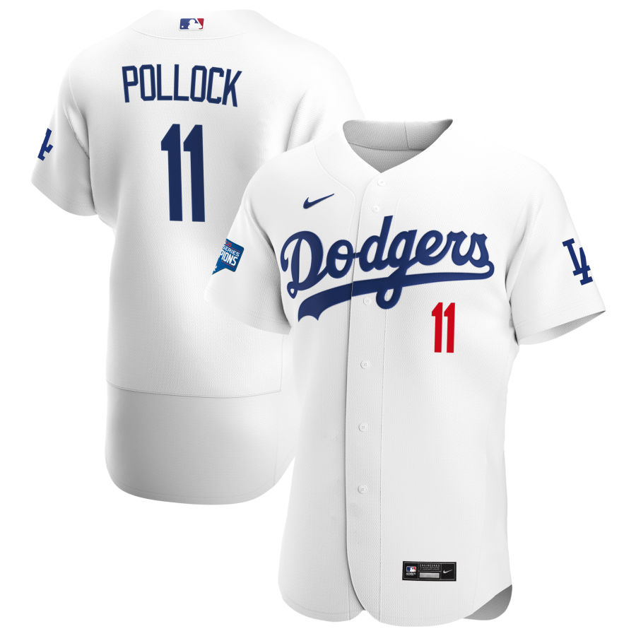 Los Angeles Dodgers 11 AJ Pollock Men Nike White Home 2020 World Series Champions Authentic Player MLB Jersey
